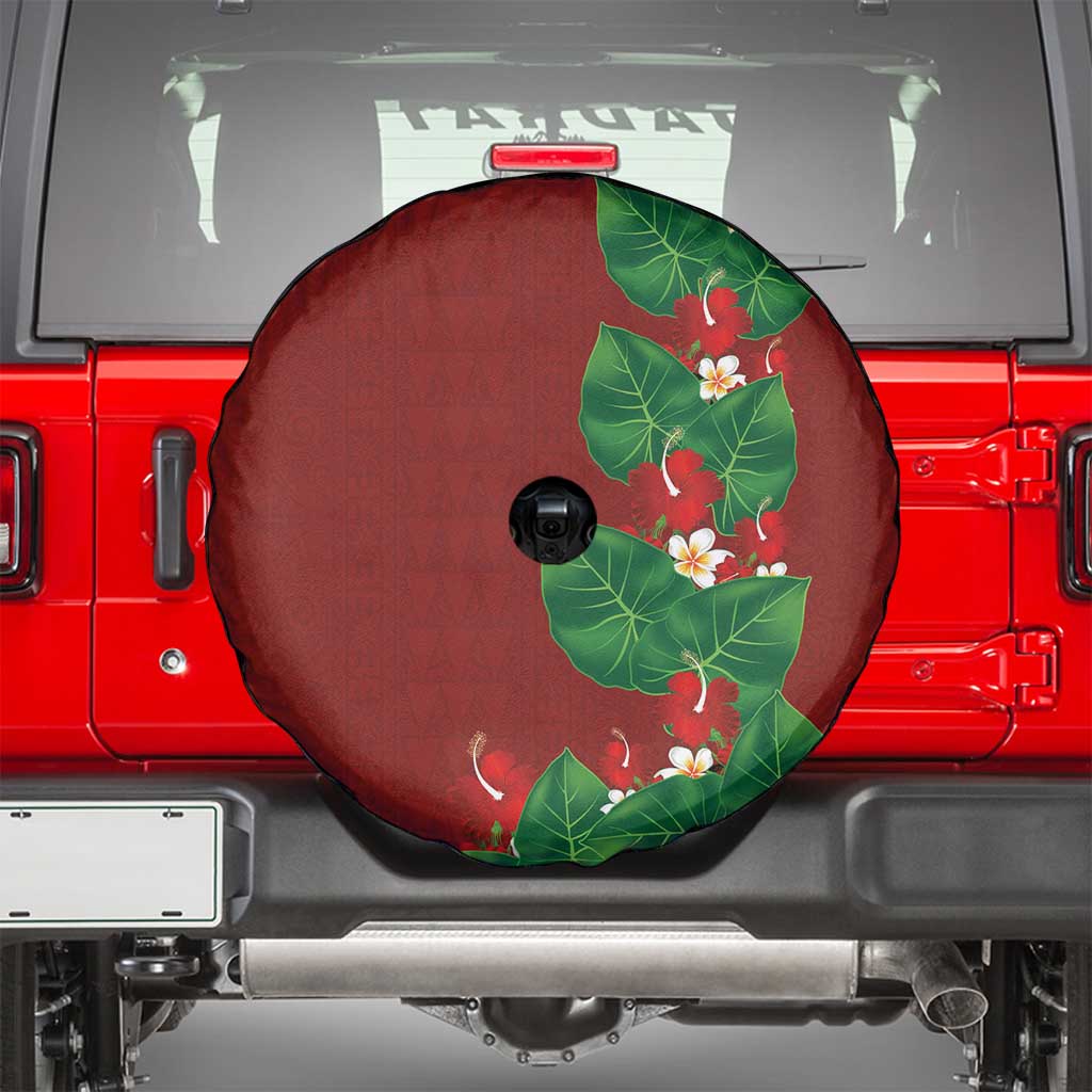 Hawaiian Taro Leaves-Hibiscus and Plumeria Spare Tire Cover Polynesian Art-Kakau Tattoo Red