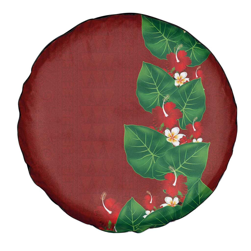 Hawaiian Taro Leaves-Hibiscus and Plumeria Spare Tire Cover Polynesian Art-Kakau Tattoo Red