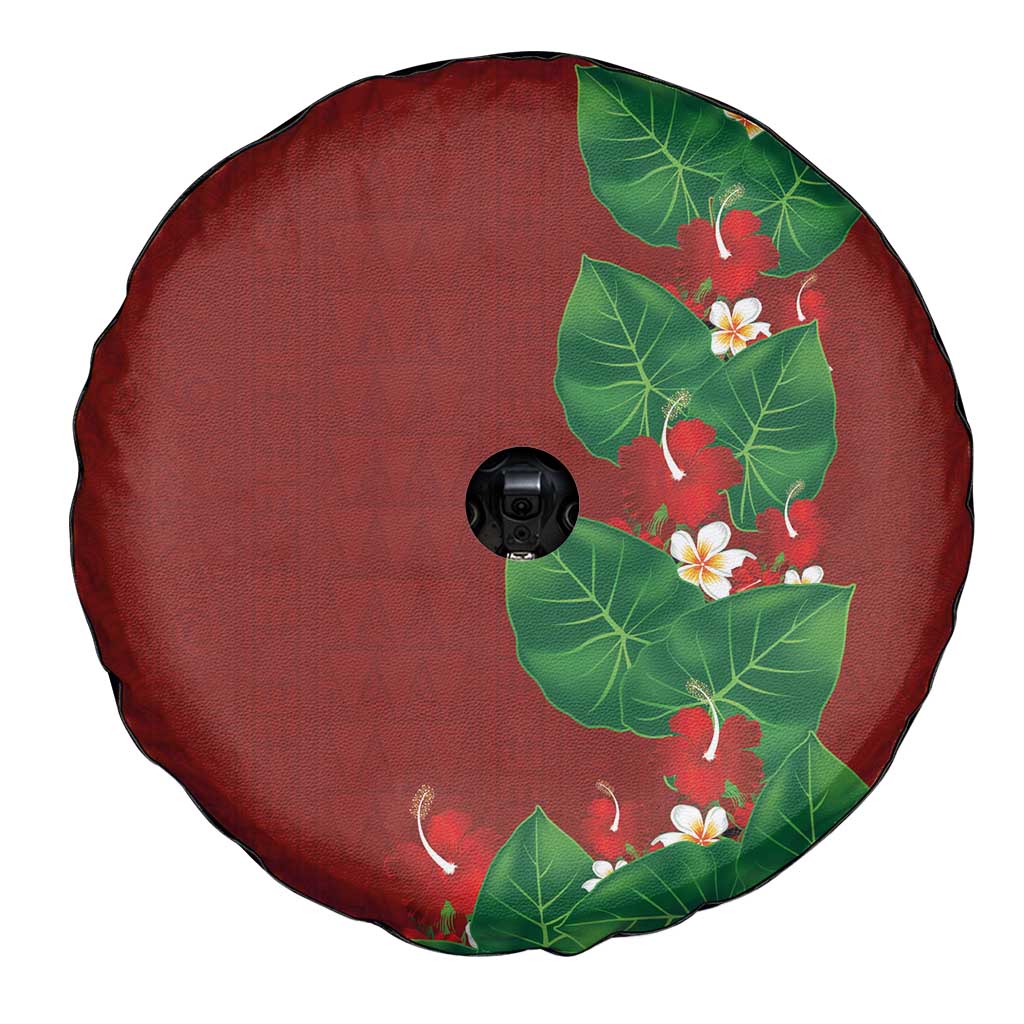 Hawaiian Taro Leaves-Hibiscus and Plumeria Spare Tire Cover Polynesian Art-Kakau Tattoo Red