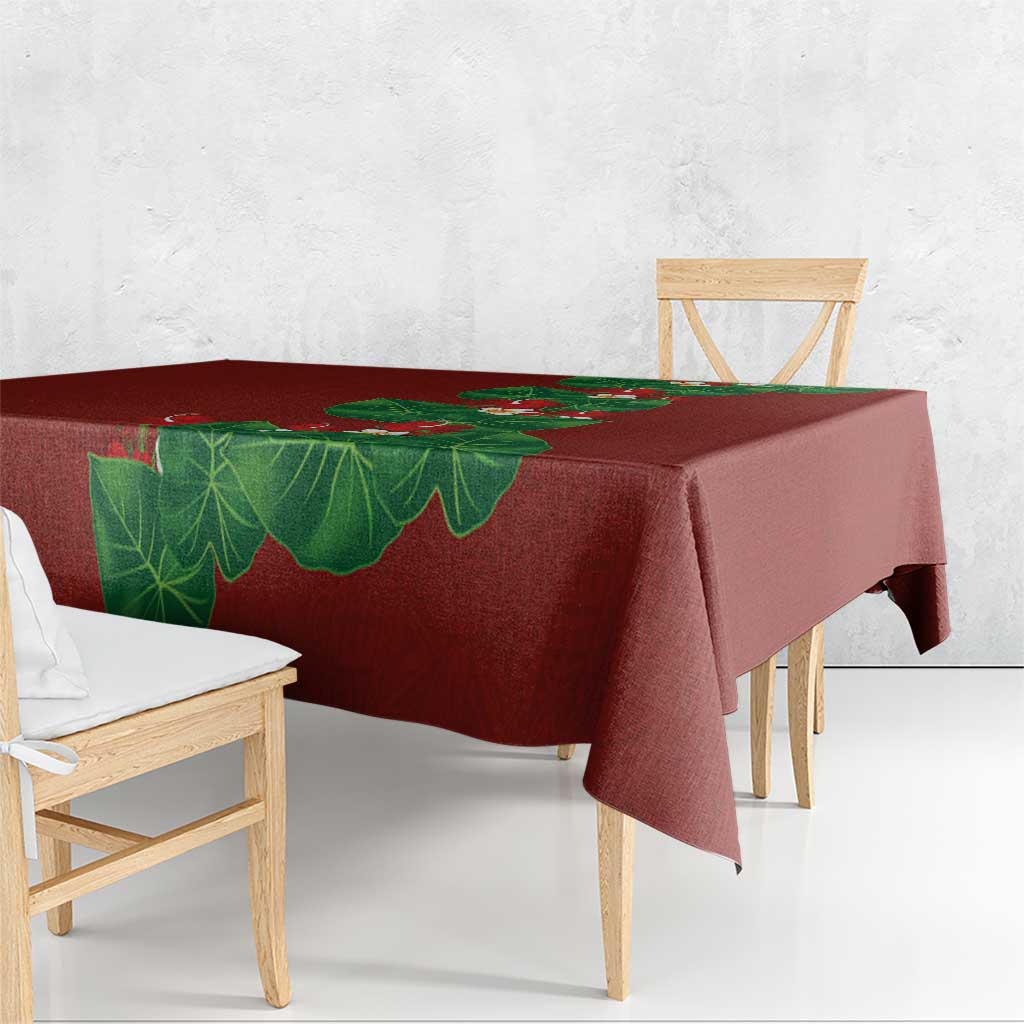 Hawaiian Taro Leaves-Hibiscus and Plumeria Tablecloth Polynesian Art-Kakau Tattoo Red