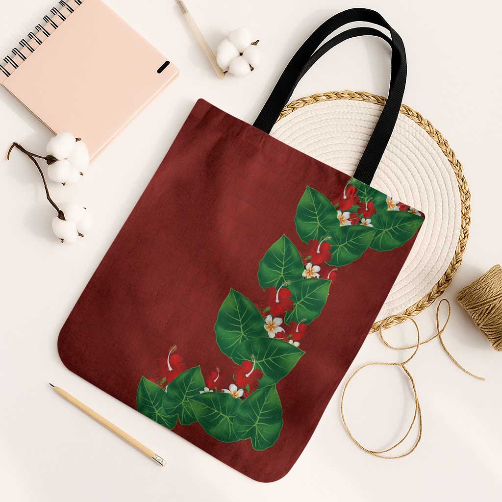 Hawaiian Taro Leaves-Hibiscus and Plumeria Tote Bag Polynesian Art-Kakau Tattoo Red