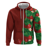 Hawaiian Taro Leaves-Hibiscus and Plumeria Zip Hoodie Polynesian Art-Kakau Tattoo Red