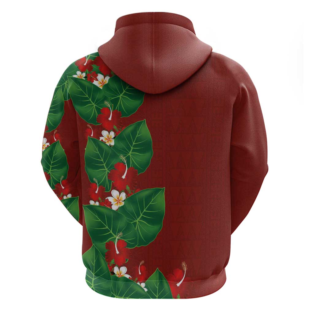 Hawaiian Taro Leaves-Hibiscus and Plumeria Zip Hoodie Polynesian Art-Kakau Tattoo Red