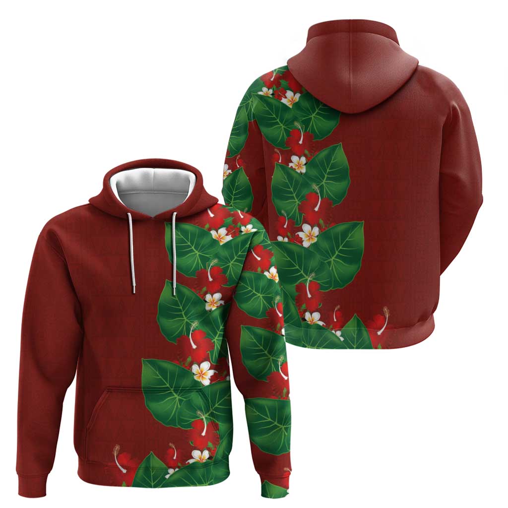Hawaiian Taro Leaves-Hibiscus and Plumeria Zip Hoodie Polynesian Art-Kakau Tattoo Red