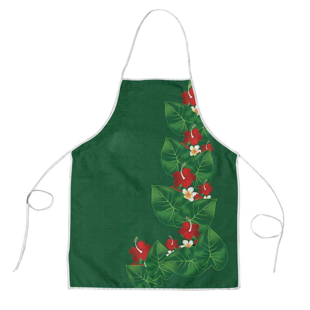 Hawaiian Taro Leaves-Hibiscus and Plumeria Apron Polynesian Art-Kakau Tattoo Green