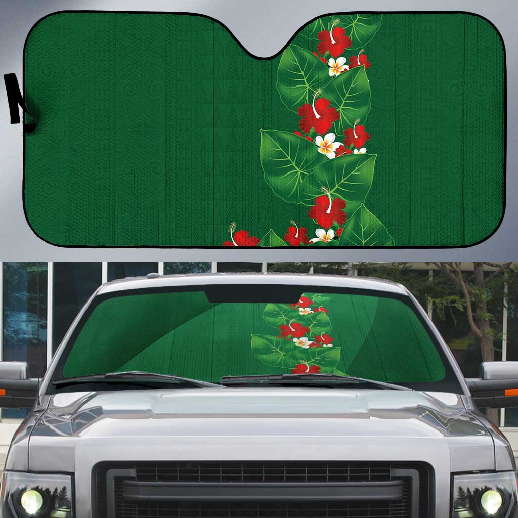 Hawaiian Taro Leaves-Hibiscus and Plumeria Auto Sun Shade Polynesian Art-Kakau Tattoo Green