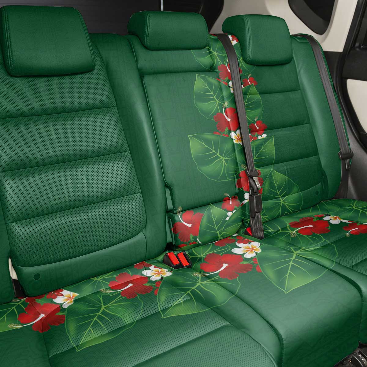 Hawaiian Taro Leaves-Hibiscus and Plumeria Back Car Seat Cover Polynesian Art-Kakau Tattoo Green