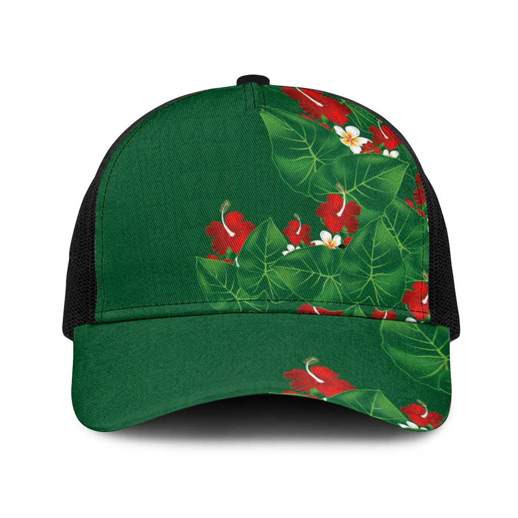 Hawaiian Taro Leaves-Hibiscus and Plumeria Baseball Net Cap Polynesian Art-Kakau Tattoo Green LT03 One Size Black Green - Polynesian Pride