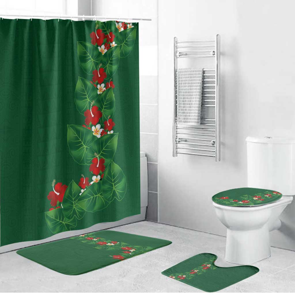 Hawaiian Taro Leaves-Hibiscus and Plumeria Bathroom Set Polynesian Art-Kakau Tattoo Green