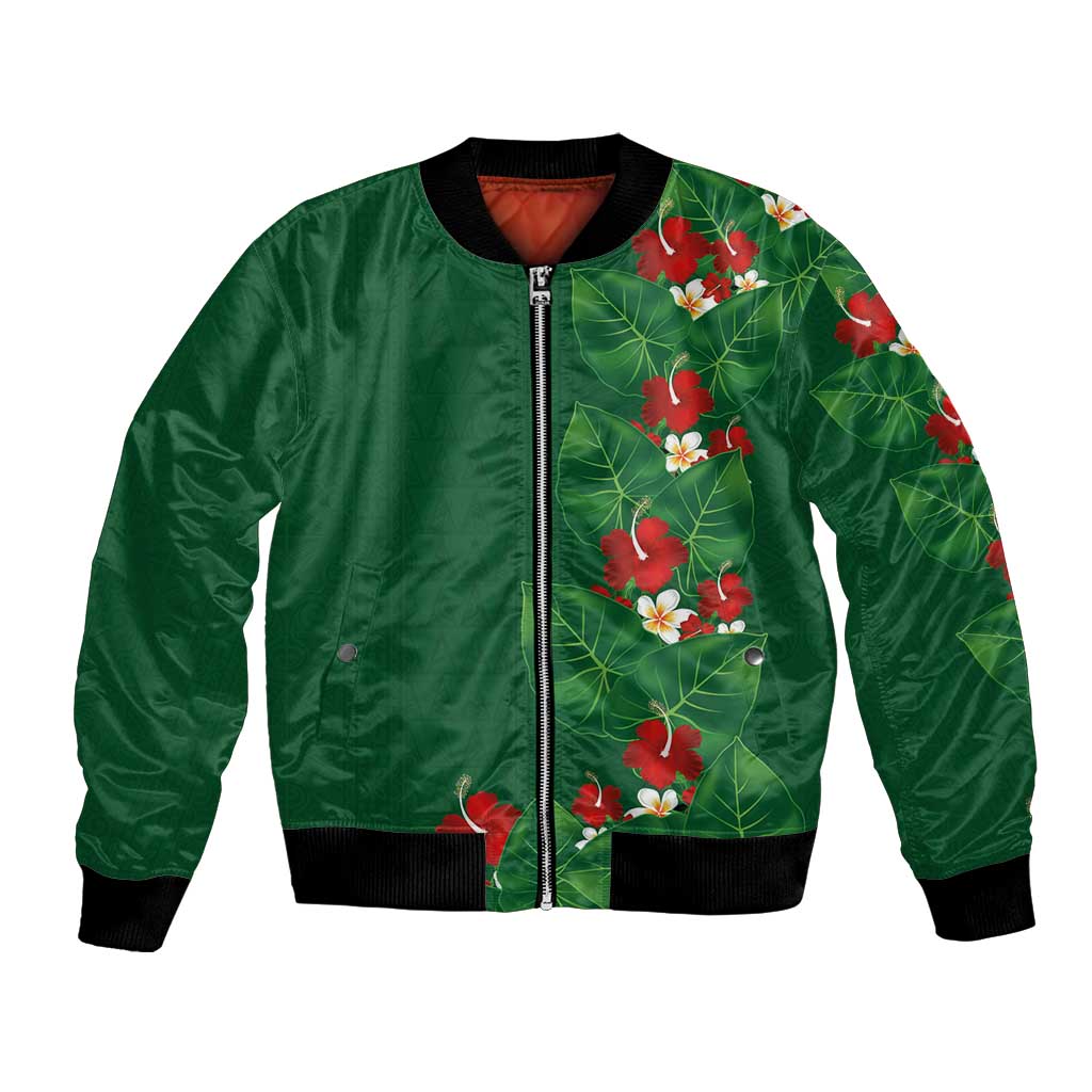 Hawaiian Taro Leaves-Hibiscus and Plumeria Bomber Jacket Polynesian Art-Kakau Tattoo Green LT03 Unisex Green - Polynesian Pride
