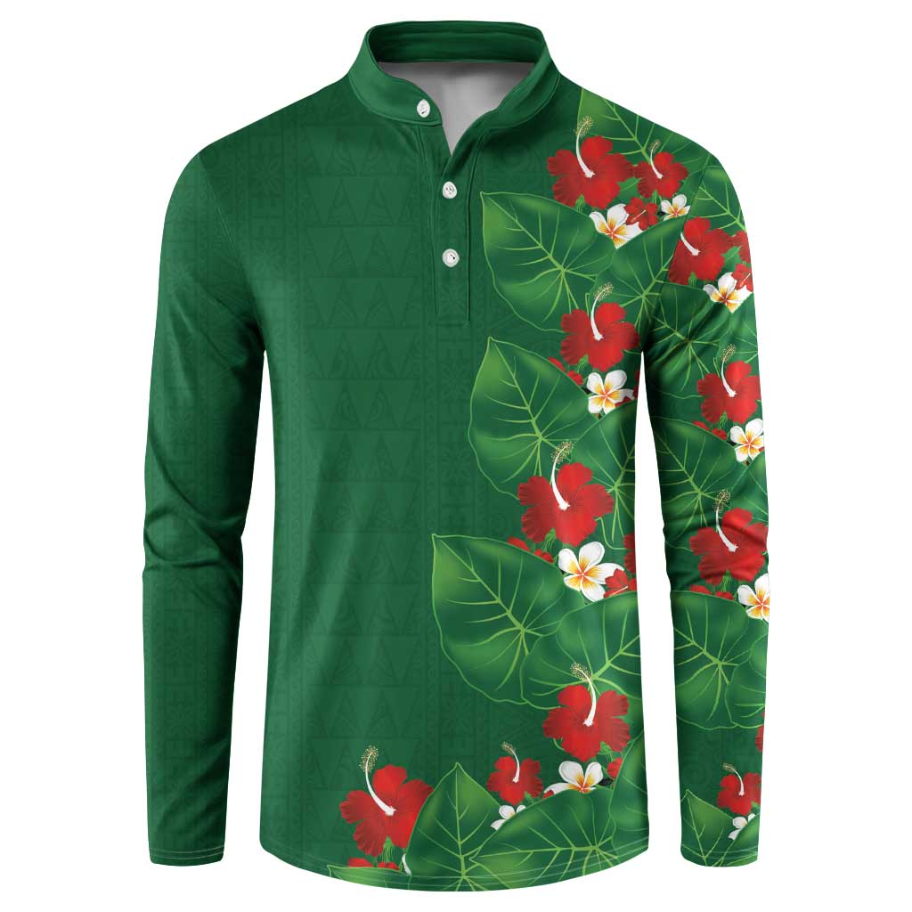 Hawaiian Taro Leaves-Hibiscus and Plumeria Button Sweatshirt Polynesian Art-Kakau Tattoo Green LT03 Green - Polynesian Pride