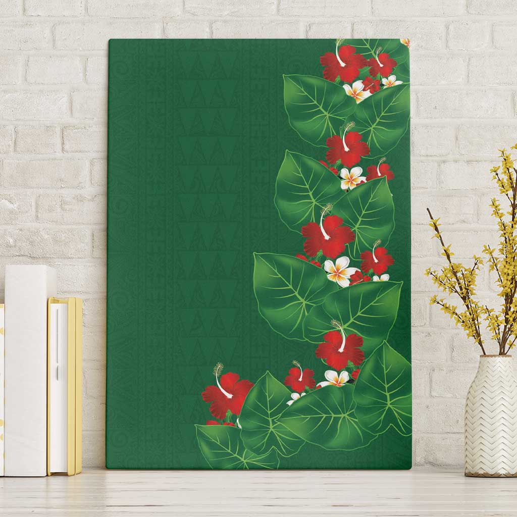 Hawaiian Taro Leaves-Hibiscus and Plumeria Canvas Wall Art Polynesian Art-Kakau Tattoo Green