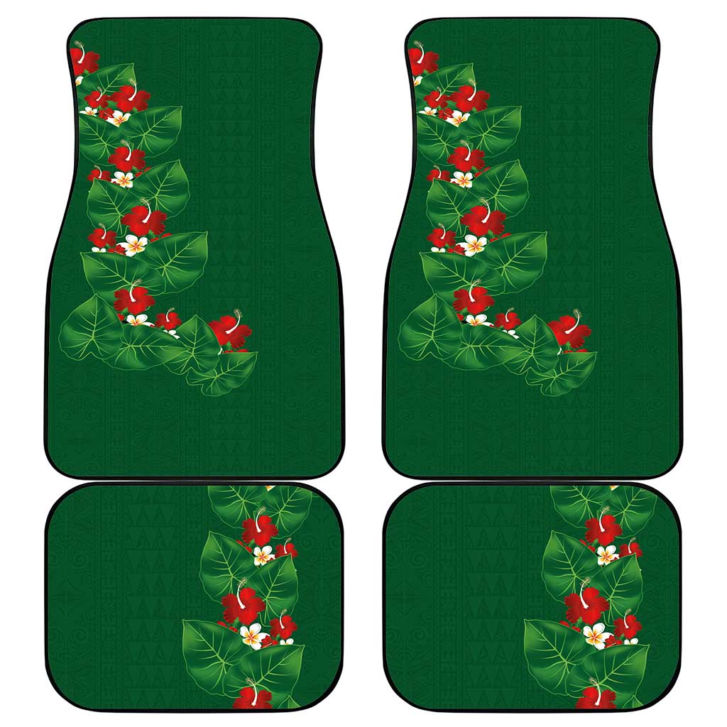 Hawaiian Taro Leaves-Hibiscus and Plumeria Car Mats Polynesian Art-Kakau Tattoo Green