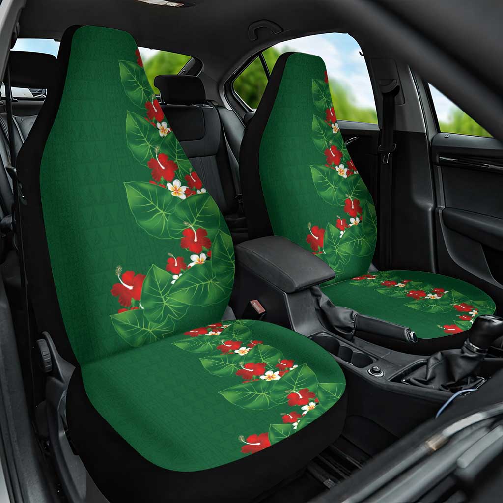 Hawaiian Taro Leaves-Hibiscus and Plumeria Car Seat Cover Polynesian Art-Kakau Tattoo Green