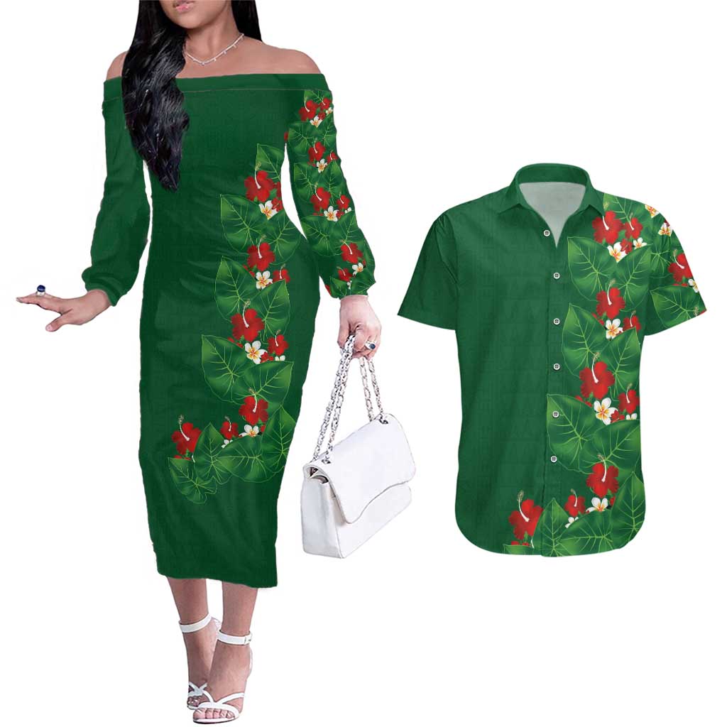 Hawaiian Taro Leaves-Hibiscus and Plumeria Couples Matching Off The Shoulder Long Sleeve Dress and Hawaiian Shirt Polynesian Art-Kakau Tattoo Green LT03 Green - Polynesian Pride