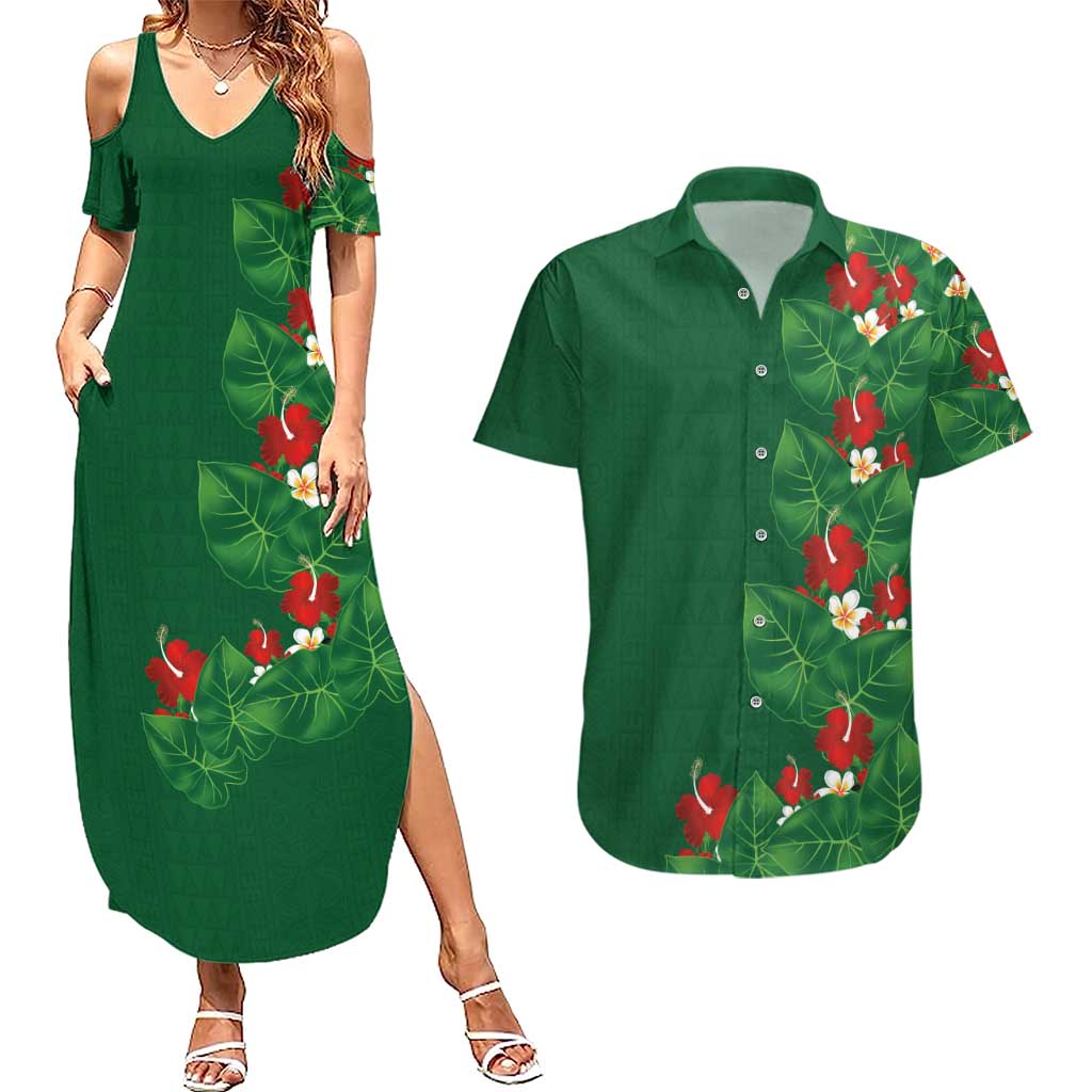 Hawaiian Taro Leaves-Hibiscus and Plumeria Couples Matching Summer Maxi Dress and Hawaiian Shirt Polynesian Art-Kakau Tattoo Green