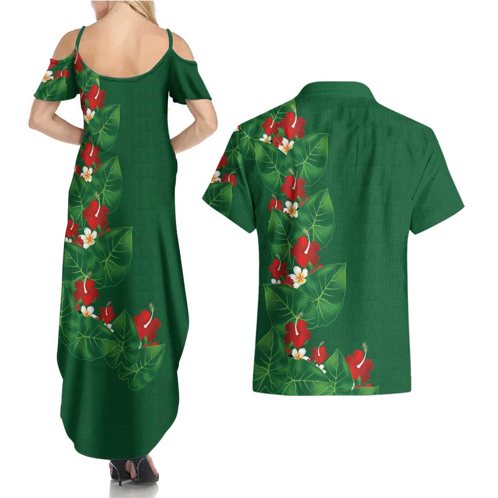 Hawaiian Taro Leaves-Hibiscus and Plumeria Couples Matching Summer Maxi Dress and Hawaiian Shirt Polynesian Art-Kakau Tattoo Green