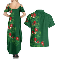 Hawaiian Taro Leaves-Hibiscus and Plumeria Couples Matching Summer Maxi Dress and Hawaiian Shirt Polynesian Art-Kakau Tattoo Green