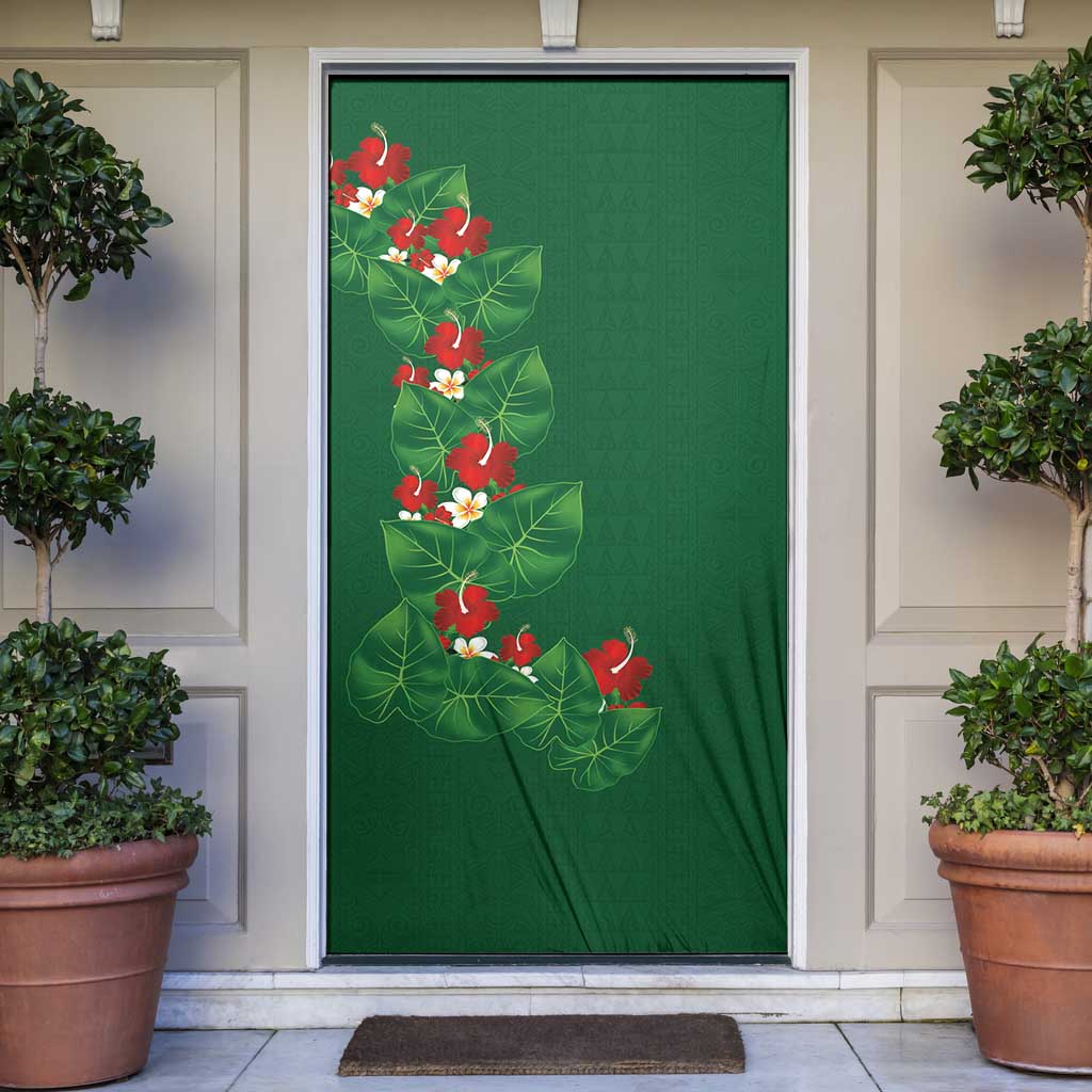 Hawaiian Taro Leaves-Hibiscus and Plumeria Door Cover Polynesian Art-Kakau Tattoo Green
