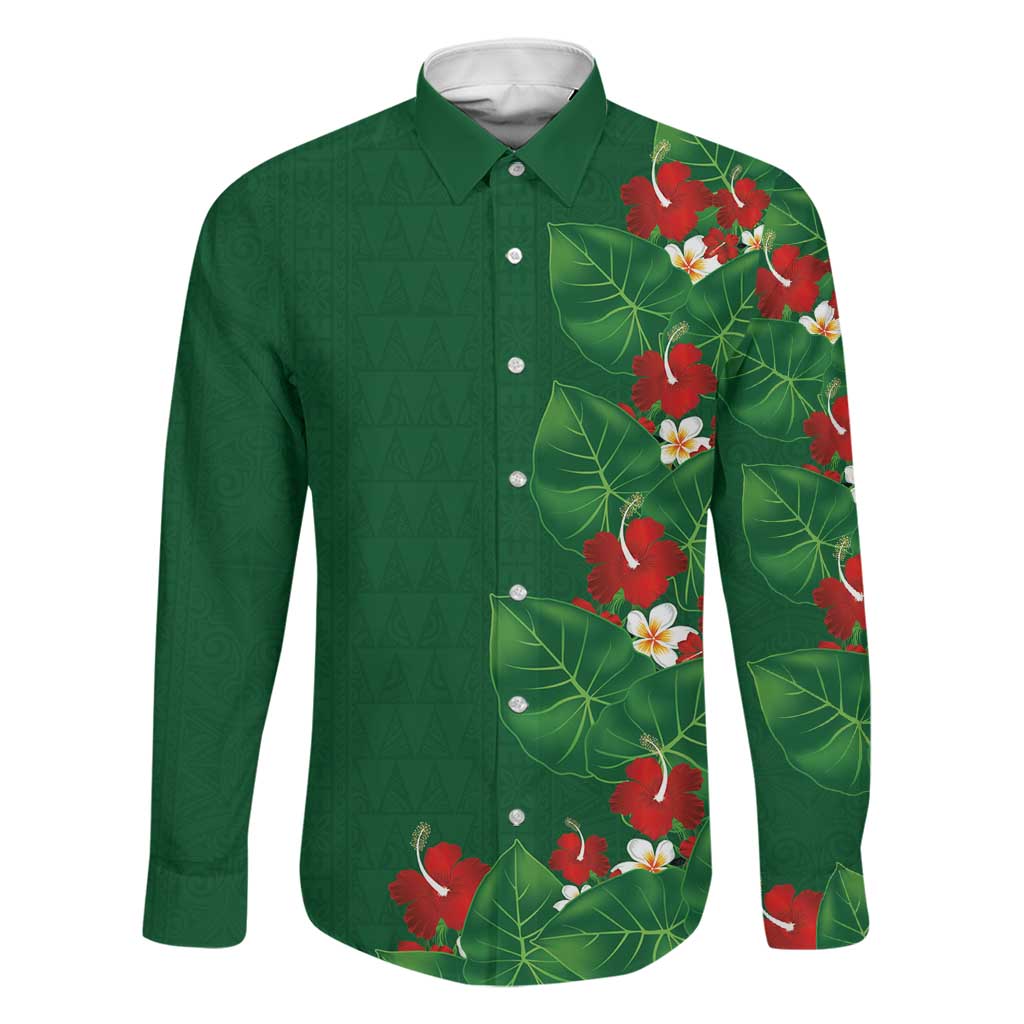 Hawaiian Taro Leaves-Hibiscus and Plumeria Family Matching Long Sleeve Bodycon Dress and Hawaiian Shirt Polynesian Art-Kakau Tattoo Green LT03 Dad's Shirt - Long Sleeve Green - Polynesian Pride