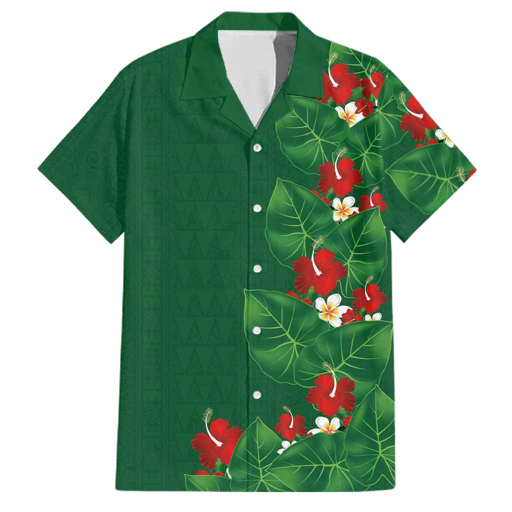 Hawaiian Taro Leaves-Hibiscus and Plumeria Family Matching Short Sleeve Bodycon Dress and Hawaiian Shirt Polynesian Art-Kakau Tattoo Green LT03 Dad's Shirt - Short Sleeve Green - Polynesian Pride