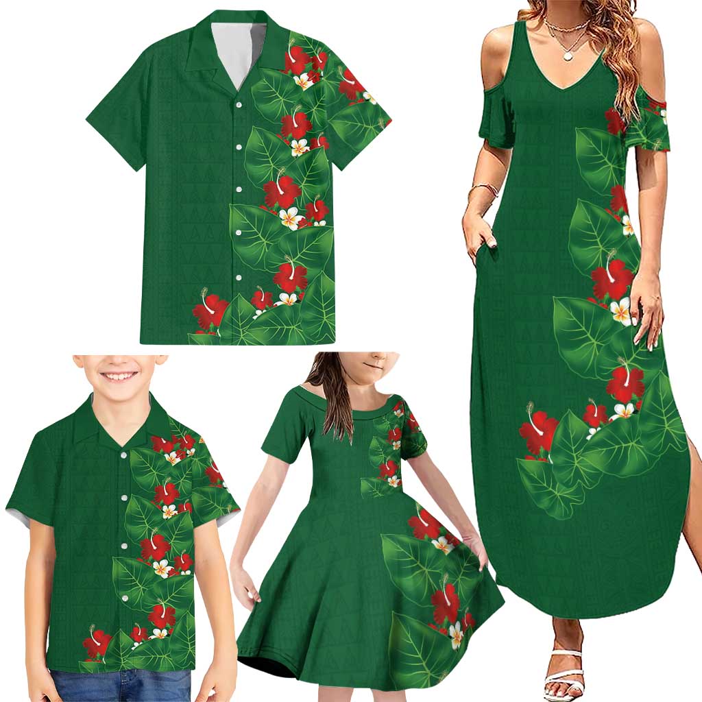 Hawaiian Taro Leaves-Hibiscus and Plumeria Family Matching Summer Maxi Dress and Hawaiian Shirt Polynesian Art-Kakau Tattoo Green
