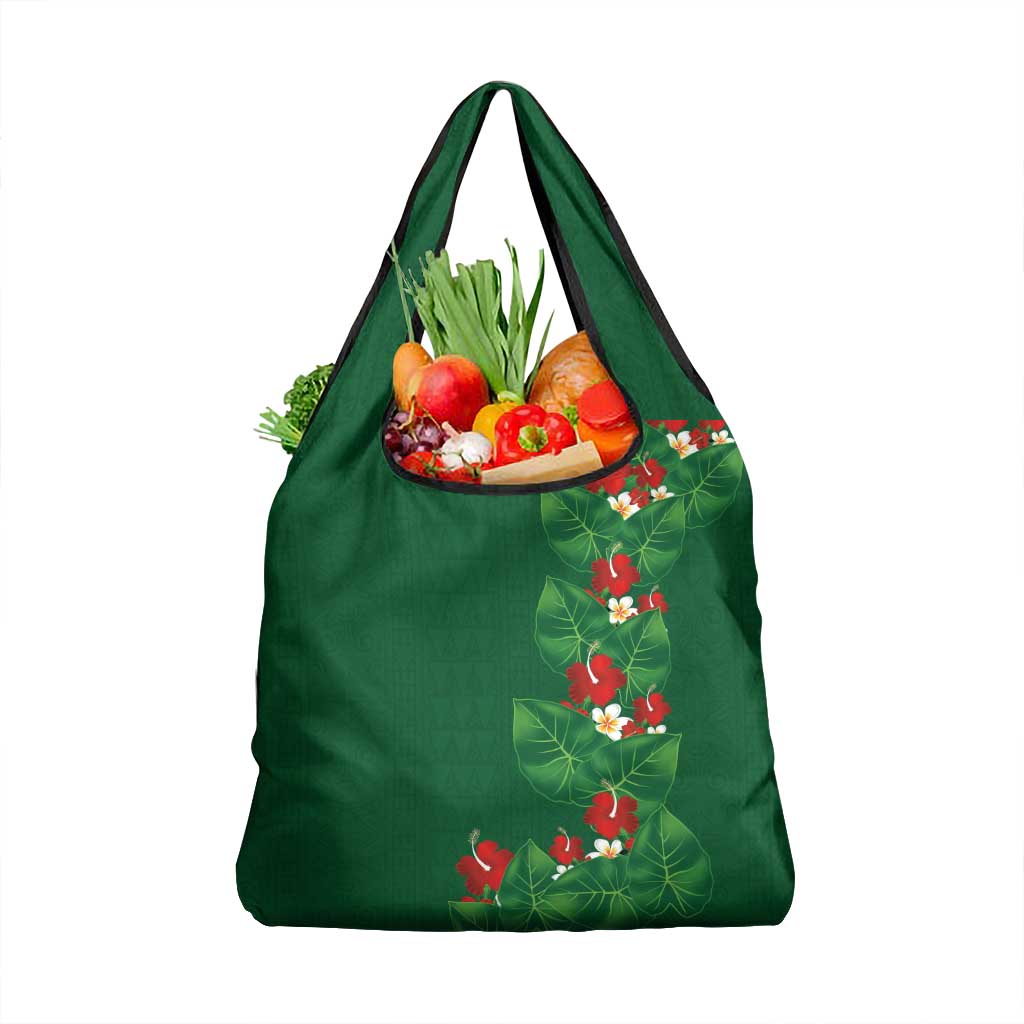 Hawaiian Taro Leaves-Hibiscus and Plumeria Grocery Bag Polynesian Art-Kakau Tattoo Green