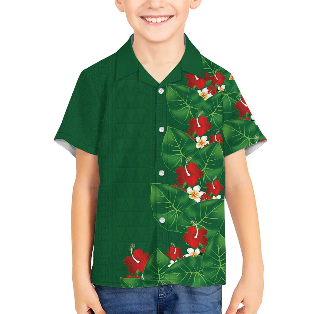 Hawaiian Taro Leaves-Hibiscus and Plumeria Kid Hawaiian Shirt Polynesian Art-Kakau Tattoo Green