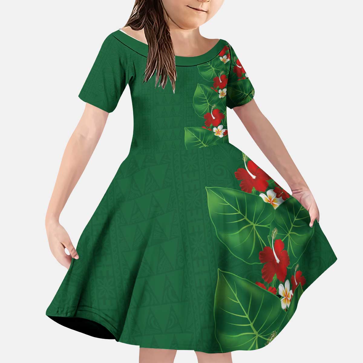 Hawaiian Taro Leaves-Hibiscus and Plumeria Kid Short Sleeve Dress Polynesian Art-Kakau Tattoo Green