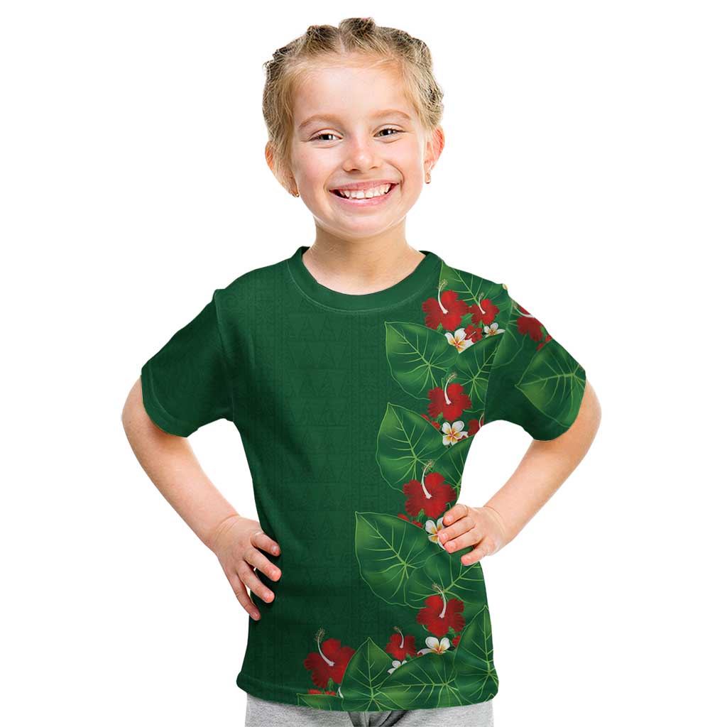Hawaiian Taro Leaves-Hibiscus and Plumeria Kid T Shirt Polynesian Art-Kakau Tattoo Green