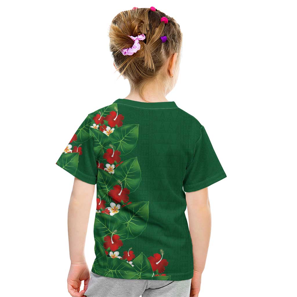 Hawaiian Taro Leaves-Hibiscus and Plumeria Kid T Shirt Polynesian Art-Kakau Tattoo Green