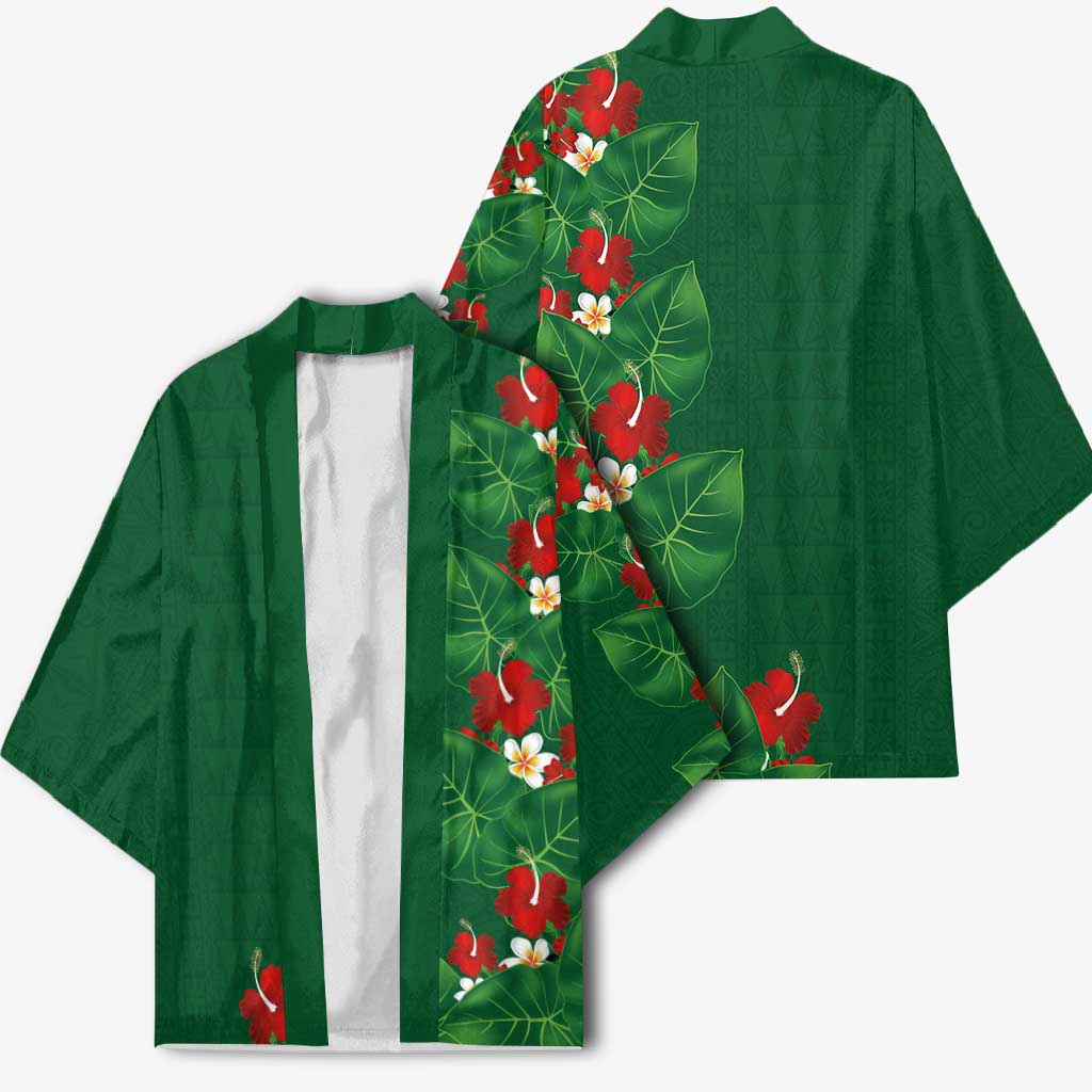 Hawaiian Taro Leaves-Hibiscus and Plumeria Kimono Polynesian Art-Kakau Tattoo Green