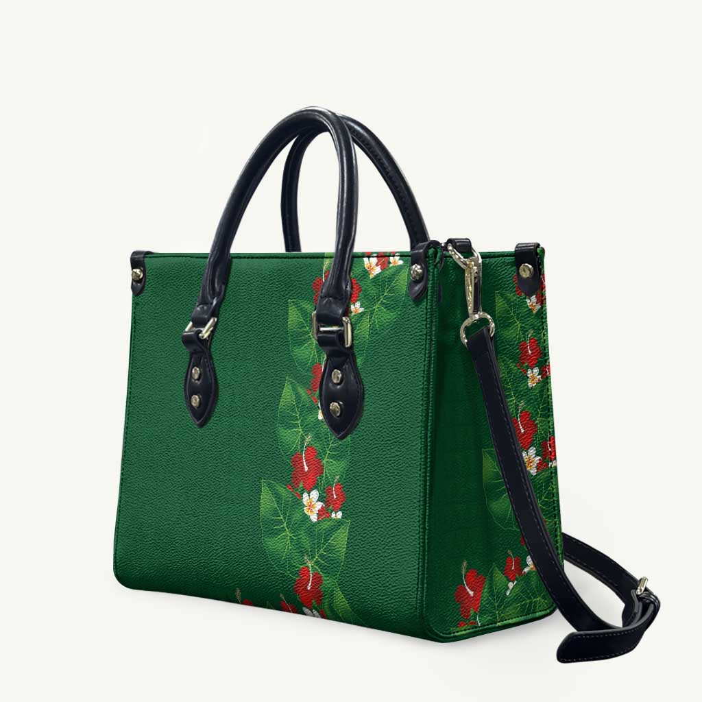 Hawaiian Taro Leaves-Hibiscus and Plumeria Leather Bag Polynesian Art-Kakau Tattoo Green