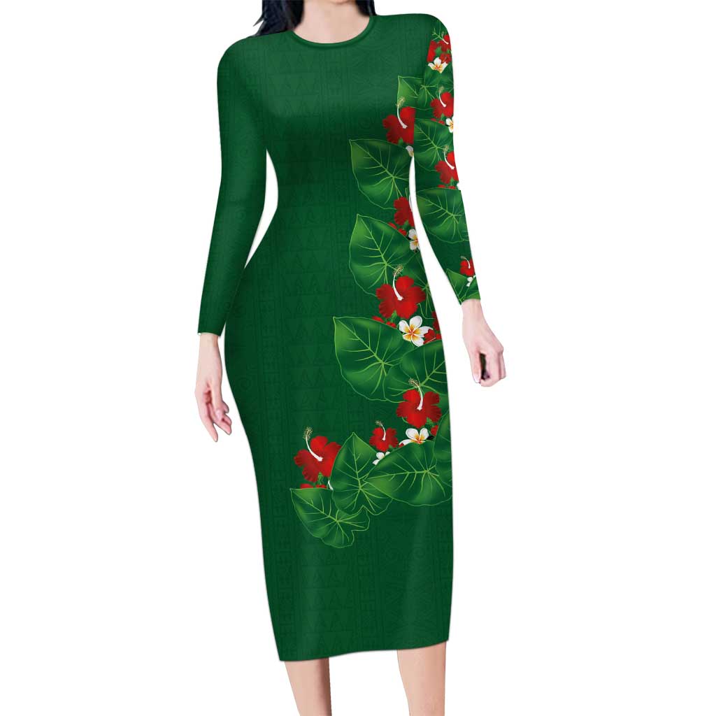Hawaiian Taro Leaves-Hibiscus and Plumeria Long Sleeve Bodycon Dress Polynesian Art-Kakau Tattoo Green