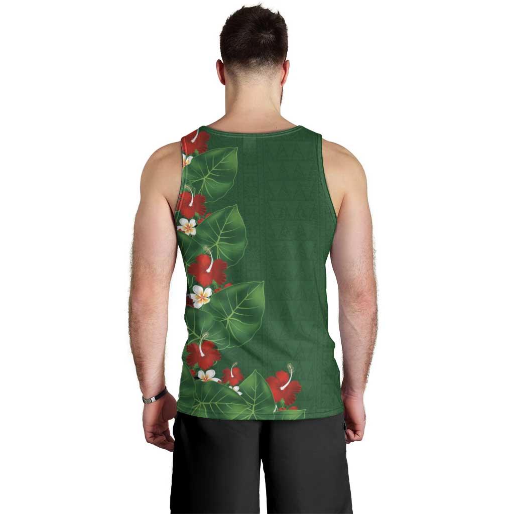 Hawaiian Taro Leaves-Hibiscus and Plumeria Men Tank Top Polynesian Art-Kakau Tattoo Green