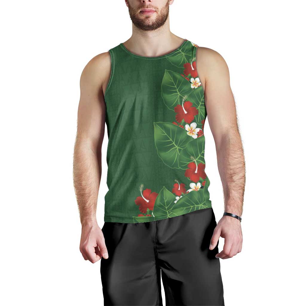 Hawaiian Taro Leaves-Hibiscus and Plumeria Men Tank Top Polynesian Art-Kakau Tattoo Green