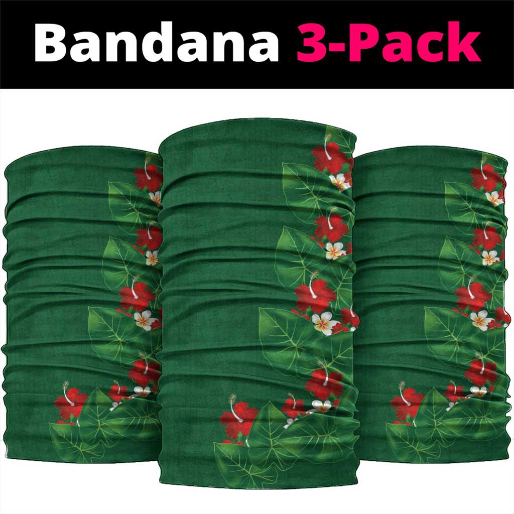 Hawaiian Taro Leaves-Hibiscus and Plumeria Neck Gaiter Polynesian Art-Kakau Tattoo Green