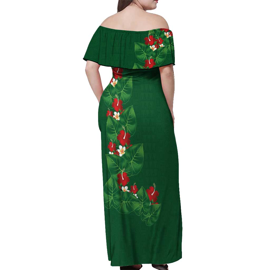 Hawaiian Taro Leaves-Hibiscus and Plumeria Off Shoulder Maxi Dress Polynesian Art-Kakau Tattoo Green
