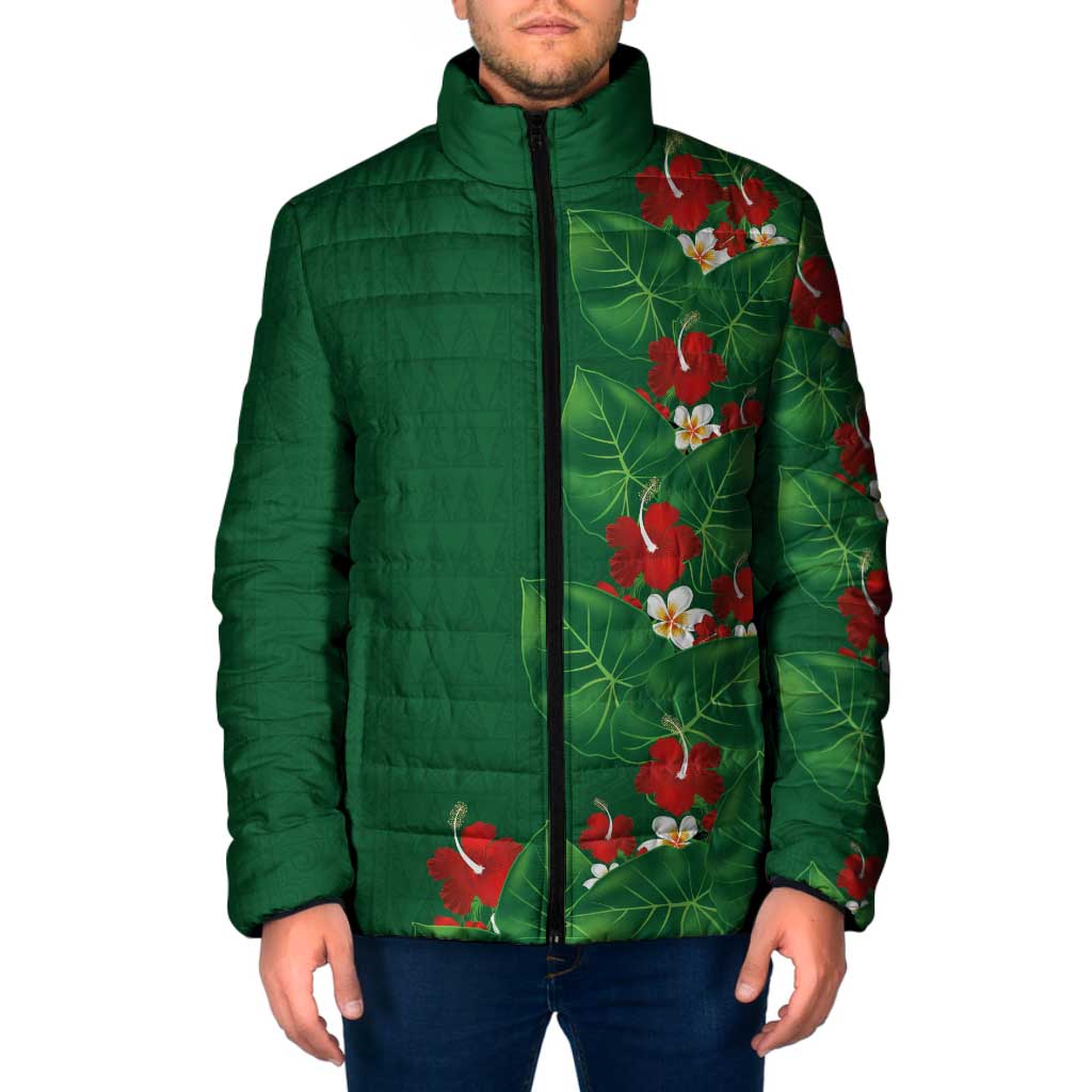 Hawaiian Taro Leaves-Hibiscus and Plumeria Padded Jacket Polynesian Art-Kakau Tattoo Green