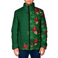 Hawaiian Taro Leaves-Hibiscus and Plumeria Padded Jacket Polynesian Art-Kakau Tattoo Green
