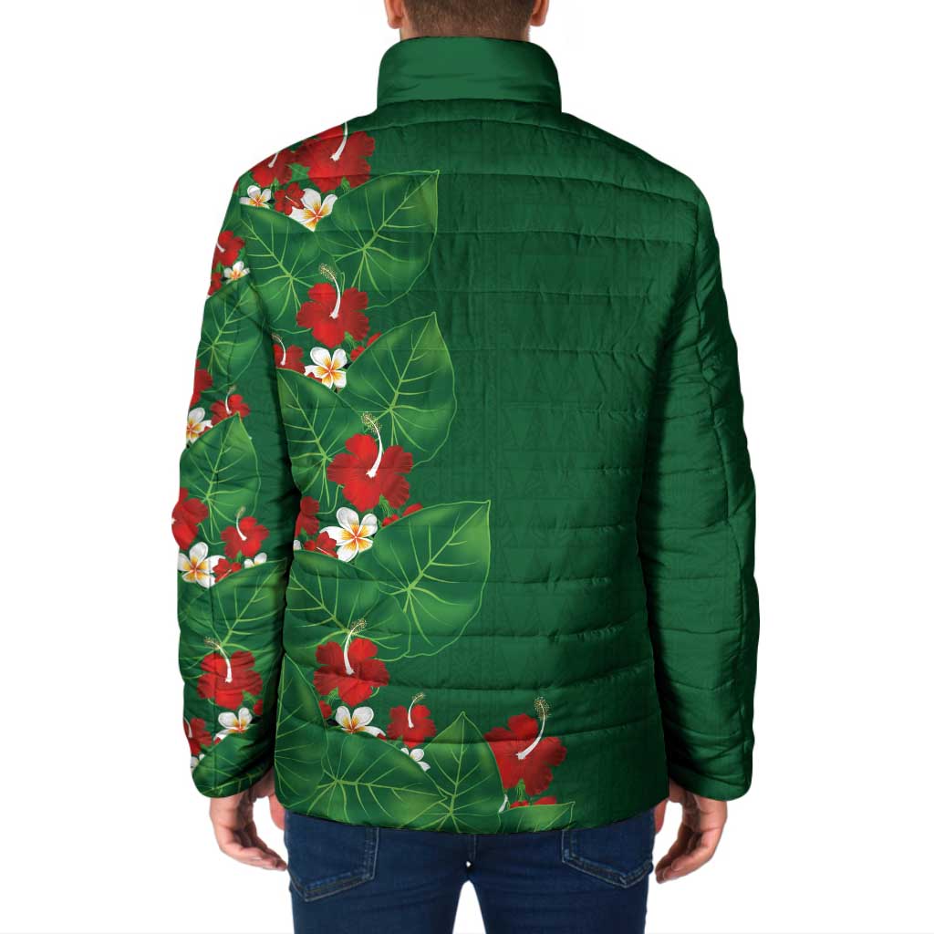 Hawaiian Taro Leaves-Hibiscus and Plumeria Padded Jacket Polynesian Art-Kakau Tattoo Green