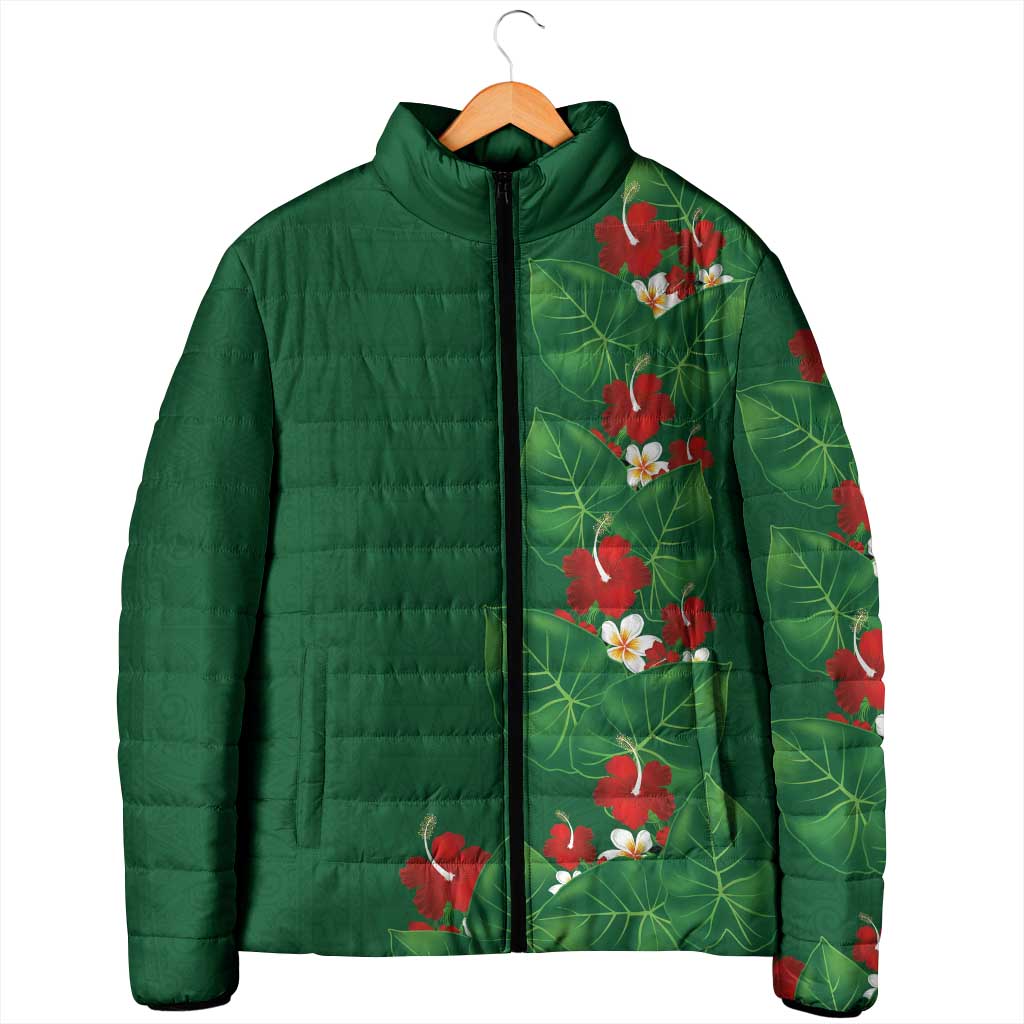 Hawaiian Taro Leaves-Hibiscus and Plumeria Padded Jacket Polynesian Art-Kakau Tattoo Green