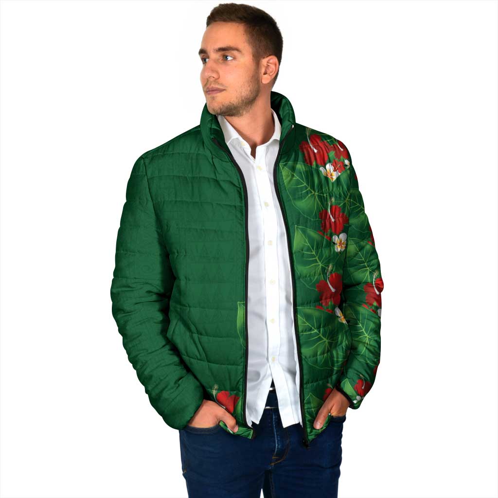 Hawaiian Taro Leaves-Hibiscus and Plumeria Padded Jacket Polynesian Art-Kakau Tattoo Green