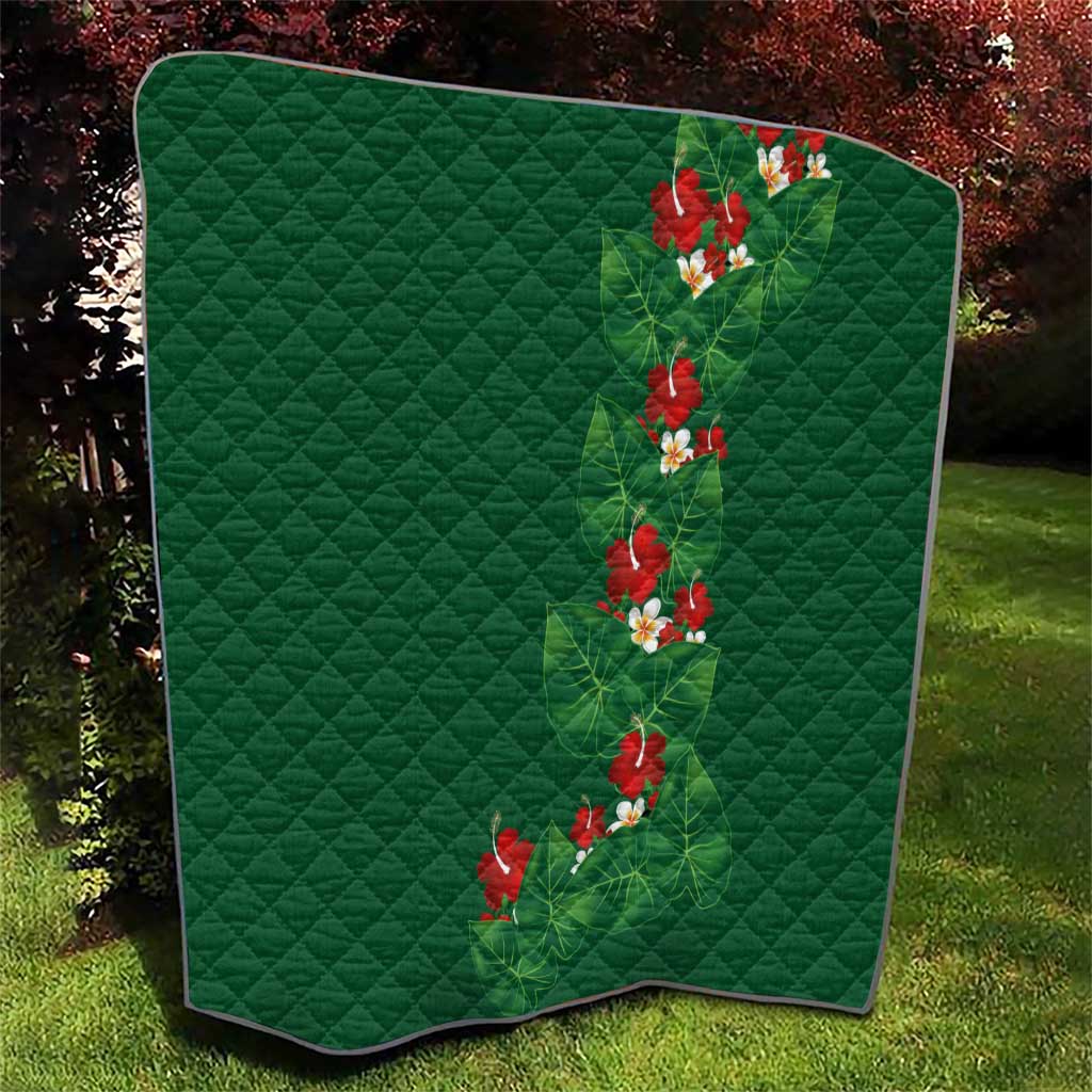 Hawaiian Taro Leaves-Hibiscus and Plumeria Quilt Polynesian Art-Kakau Tattoo Green