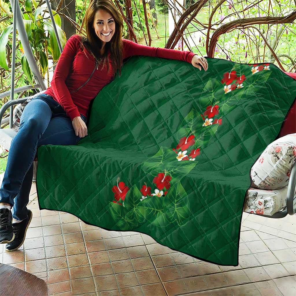 Hawaiian Taro Leaves-Hibiscus and Plumeria Quilt Polynesian Art-Kakau Tattoo Green