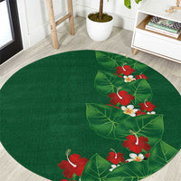 Hawaiian Taro Leaves-Hibiscus and Plumeria Round Carpet Polynesian Art-Kakau Tattoo Green