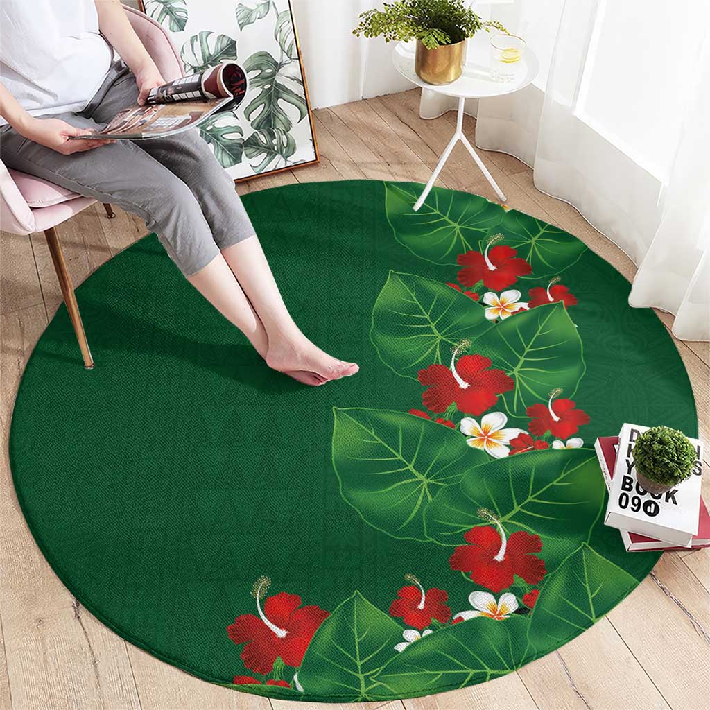 Hawaiian Taro Leaves-Hibiscus and Plumeria Round Carpet Polynesian Art-Kakau Tattoo Green