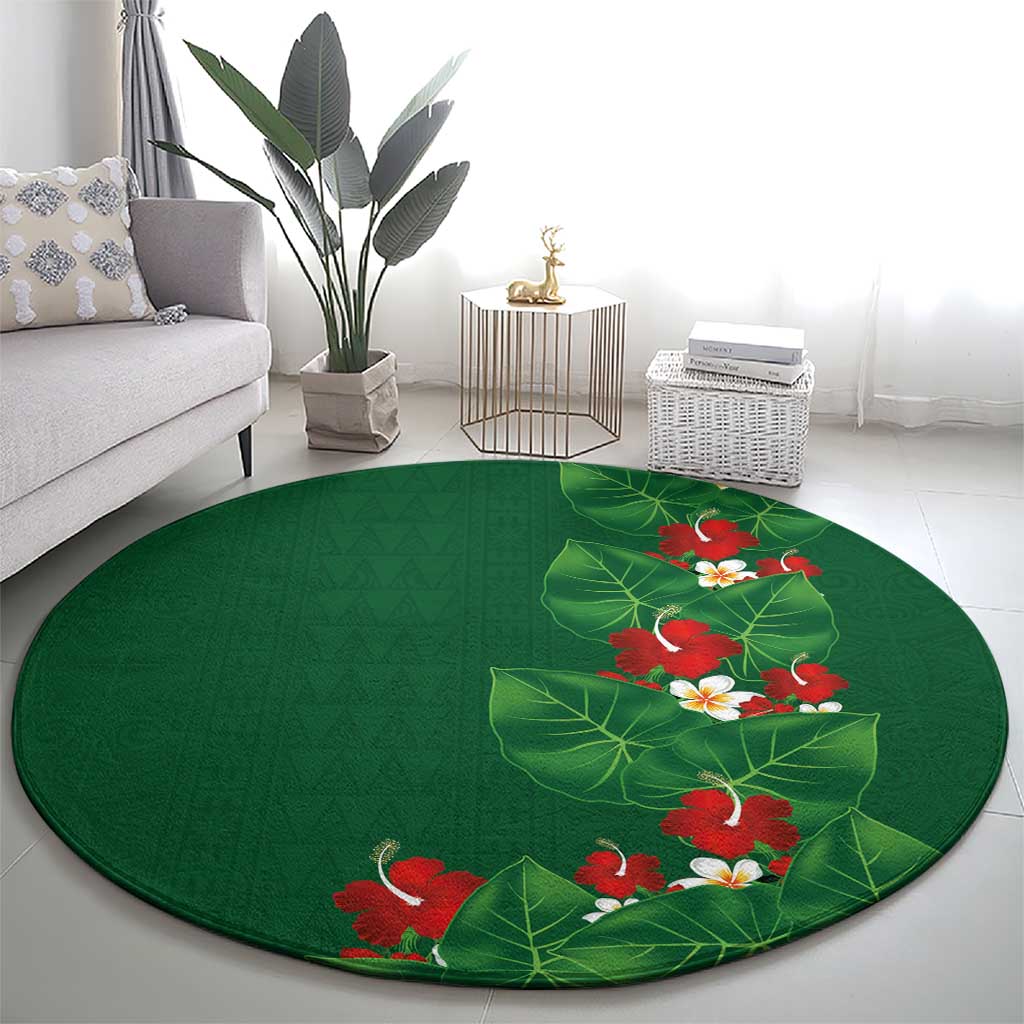 Hawaiian Taro Leaves-Hibiscus and Plumeria Round Carpet Polynesian Art-Kakau Tattoo Green