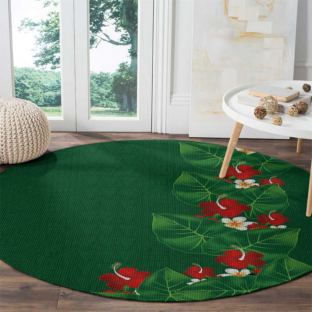 Hawaiian Taro Leaves-Hibiscus and Plumeria Round Carpet Polynesian Art-Kakau Tattoo Green