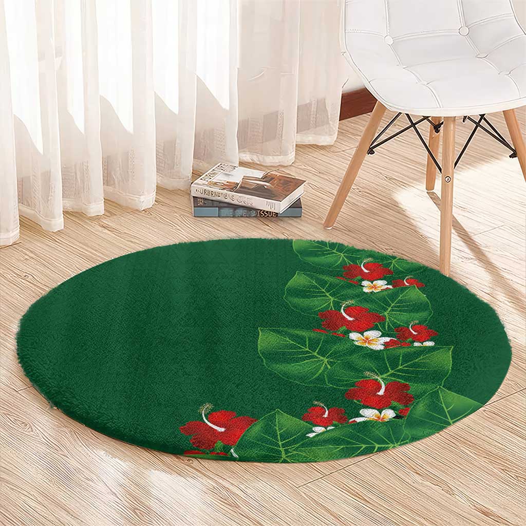 Hawaiian Taro Leaves-Hibiscus and Plumeria Round Carpet Polynesian Art-Kakau Tattoo Green